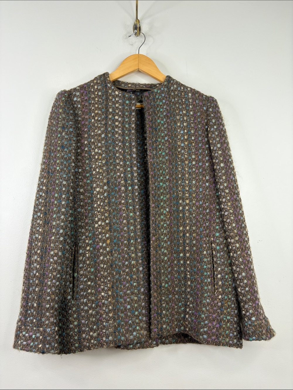 Vintage Wool Jacket Womens 40 US Large Taupe Blue Check Tweed Swing Coat France